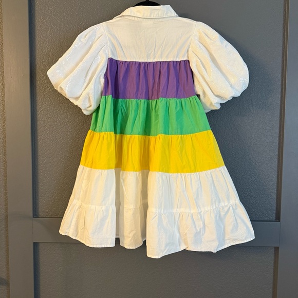 QUEEN OF SPARKLES • Mardi Gras Colorful Tiered Puff Sleeve mini dress - XS - Picture 10 of 10